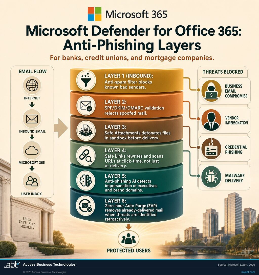 Microsoft Defender for Office 365 anti-phishing layers for financial institutions: anti-spam filter, SPF/DKIM/DMARC validation, Safe Attachments sandbox, Safe Links click-time URL scanning, anti-phishing AI for impersonation, and zero-hour auto purge. Threats blocked include business email compromise, vendor impersonation, credential phishing, and malware delivery.