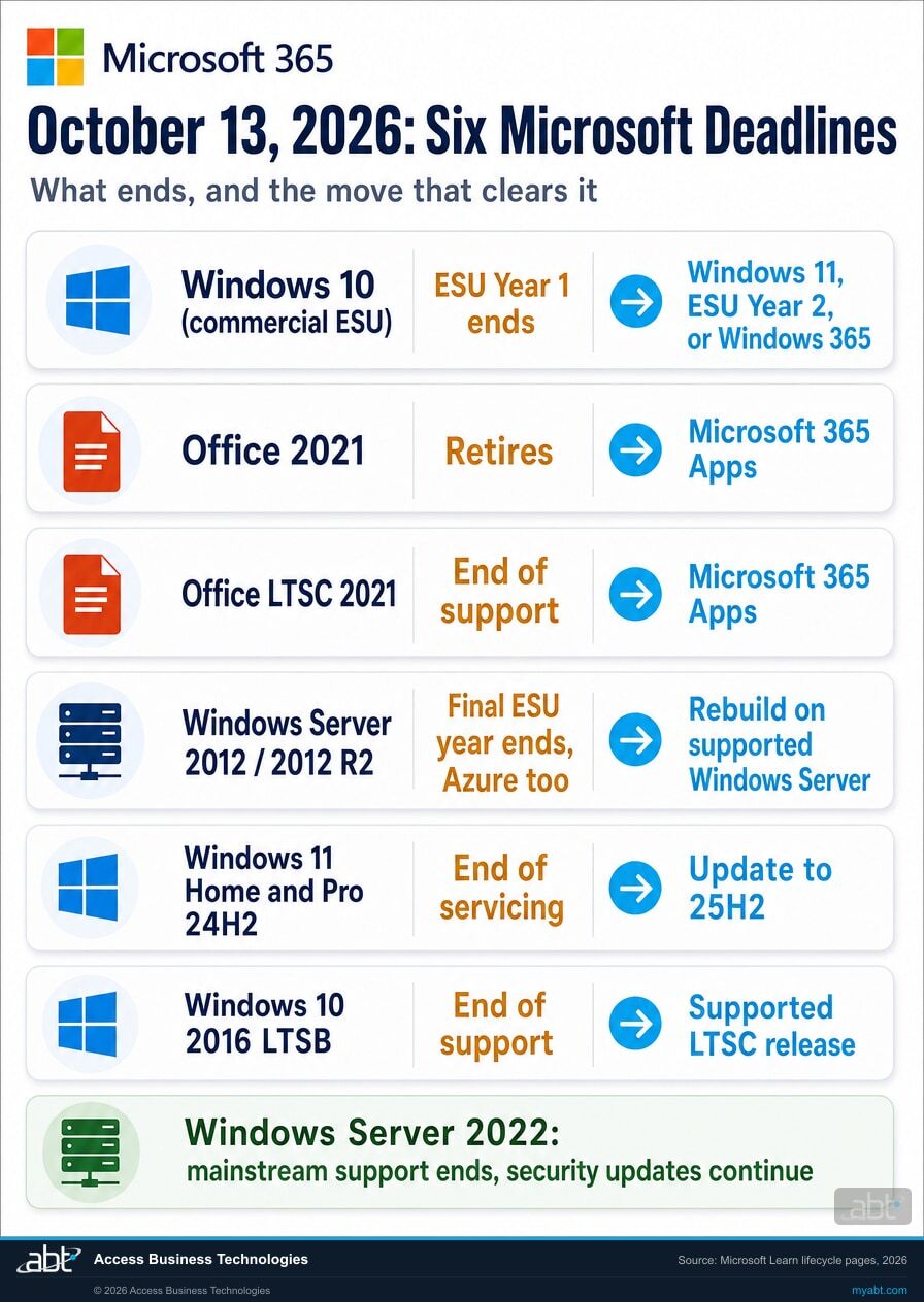 Microsoft 365 infographic: six Microsoft deadlines on October 13, 2026, from Windows 10 ESU Year 1 to Windows Server 2012 R2, with the move for each