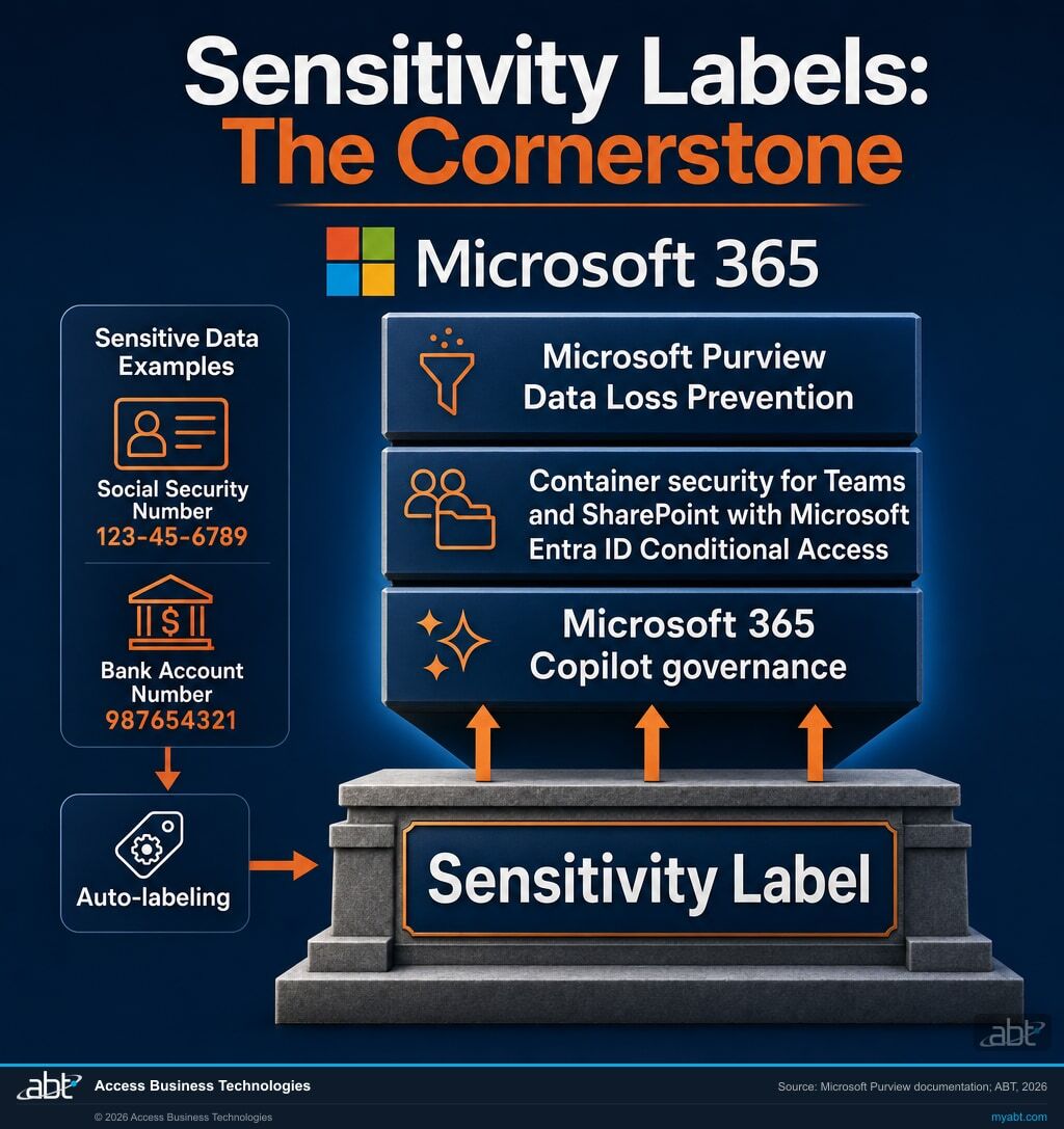 Diagram showing Microsoft Purview sensitivity labels as the foundation that Microsoft Purview Data Loss Prevention, container security with Microsoft Entra ID Conditional Access, and Microsoft 365 Copilot governance all build on