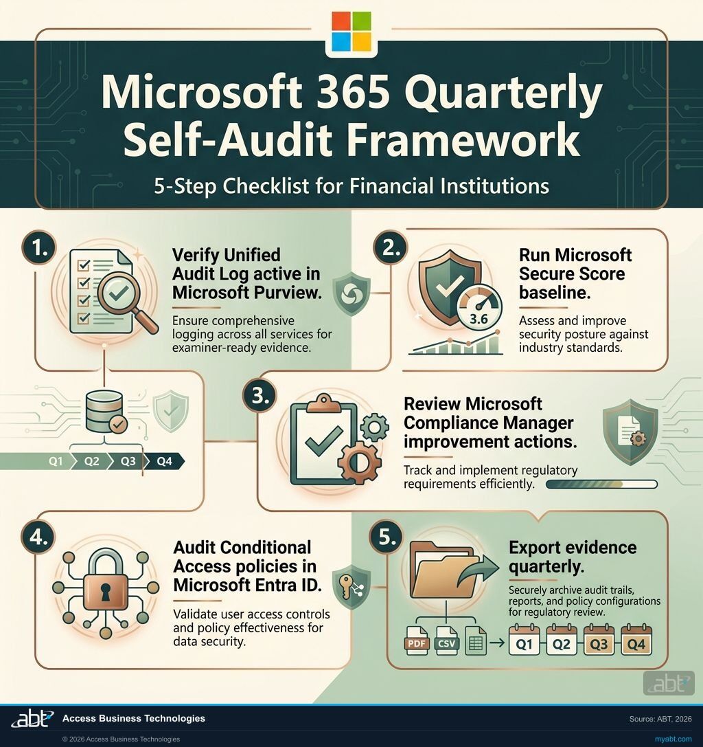 Microsoft 365 quarterly self-audit framework for financial institutions showing five pillars: Microsoft Compliance Manager, Microsoft Purview Audit, Microsoft Secure Score, Microsoft Defender for Cloud Apps, and Microsoft Entra ID
