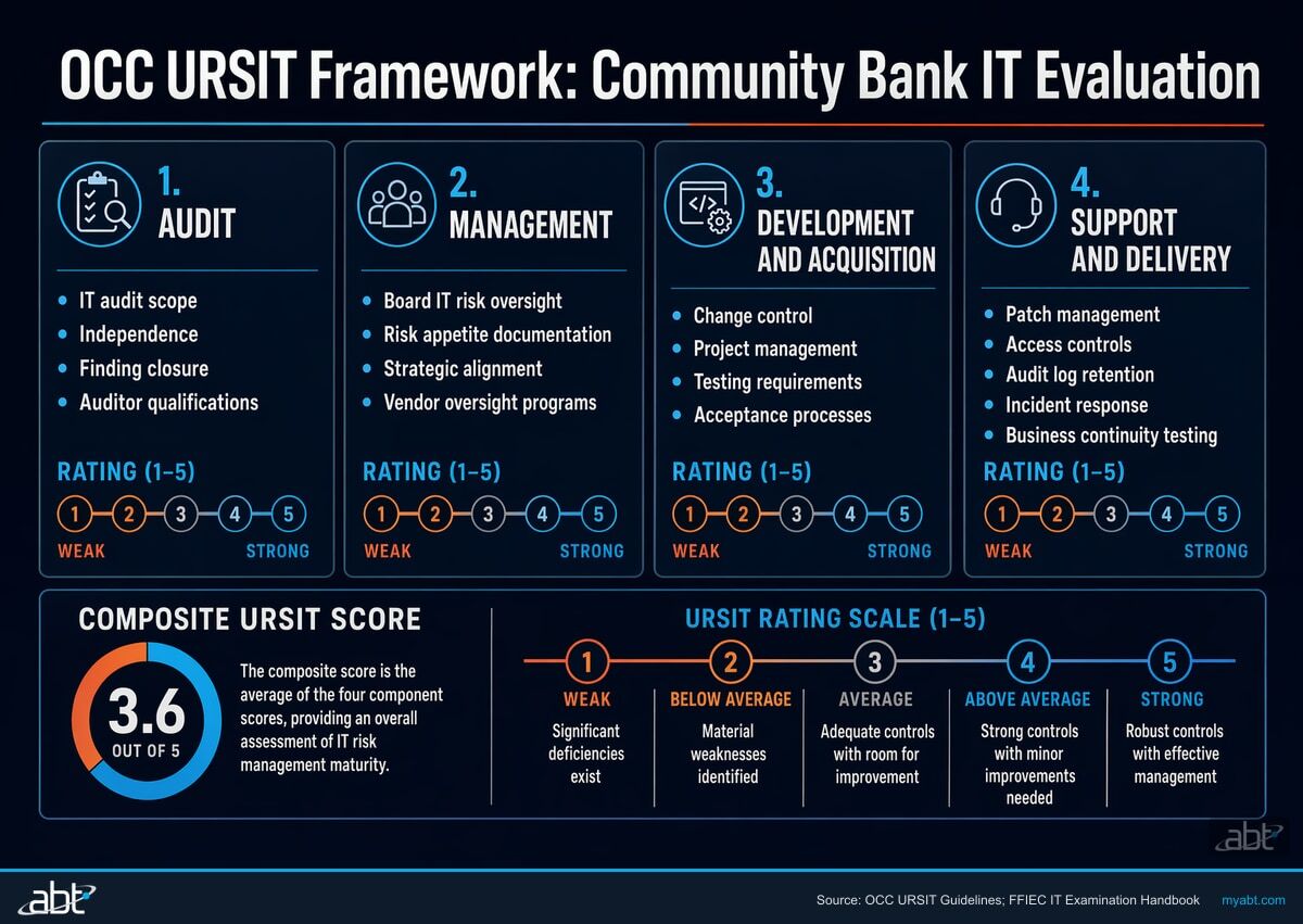 OCC URSIT Examination Framework for Community Banks: four components (Audit, Management, Development and Acquisition, Support and Delivery) with examination focus areas and common deficiencies for each