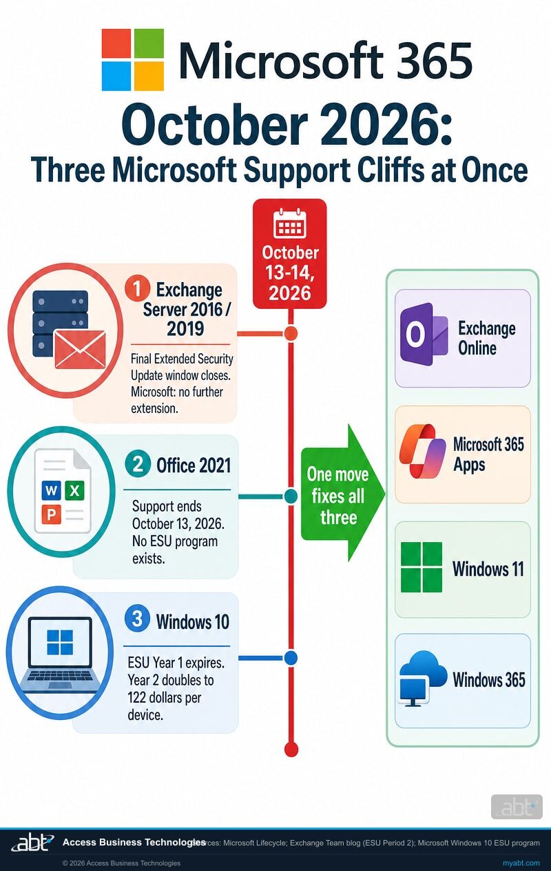 Timeline infographic: Exchange Server 2016/2019 final ESU, Office 2021 end of support, and Windows 10 ESU Year 1 all converge on October 13-14, 2026, with one move to Exchange Online, Microsoft 365 Apps, Windows 11, and Windows 365