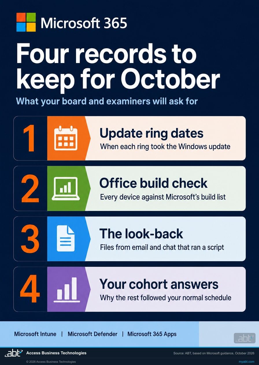 Microsoft 365 infographic: four records to keep for October. One, update ring dates, when each ring took the Windows update. Two, an Office build check of every device against Microsoft's build list. Three, the look-back at files from email and chat that ran a script. Four, your cohort answers, why the rest followed your normal schedule. Microsoft Intune, Microsoft Defender, and Microsoft 365 Apps.