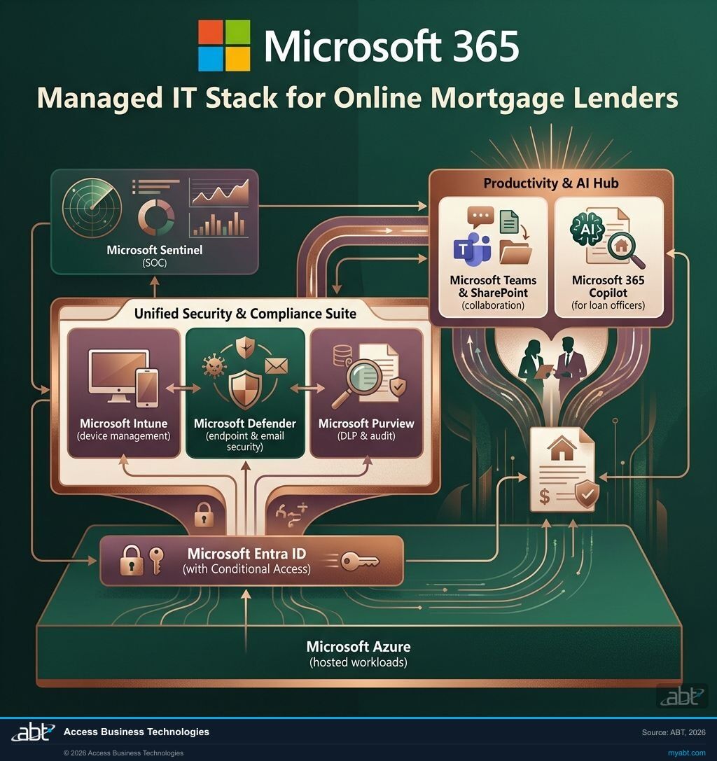Microsoft 365 and Microsoft Azure managed IT stack for online mortgage lenders, showing Entra ID, Intune, Defender, Purview, and Sentinel arranged around a central tenant