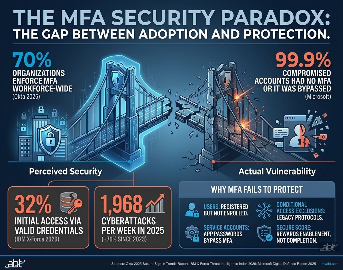 The MFA Security Paradox: 70% of organizations enforce MFA yet 99.9% of compromised accounts had no MFA or MFA was bypassed (IBM X-Force 2026 and Microsoft MDDR 2025 data visualization)