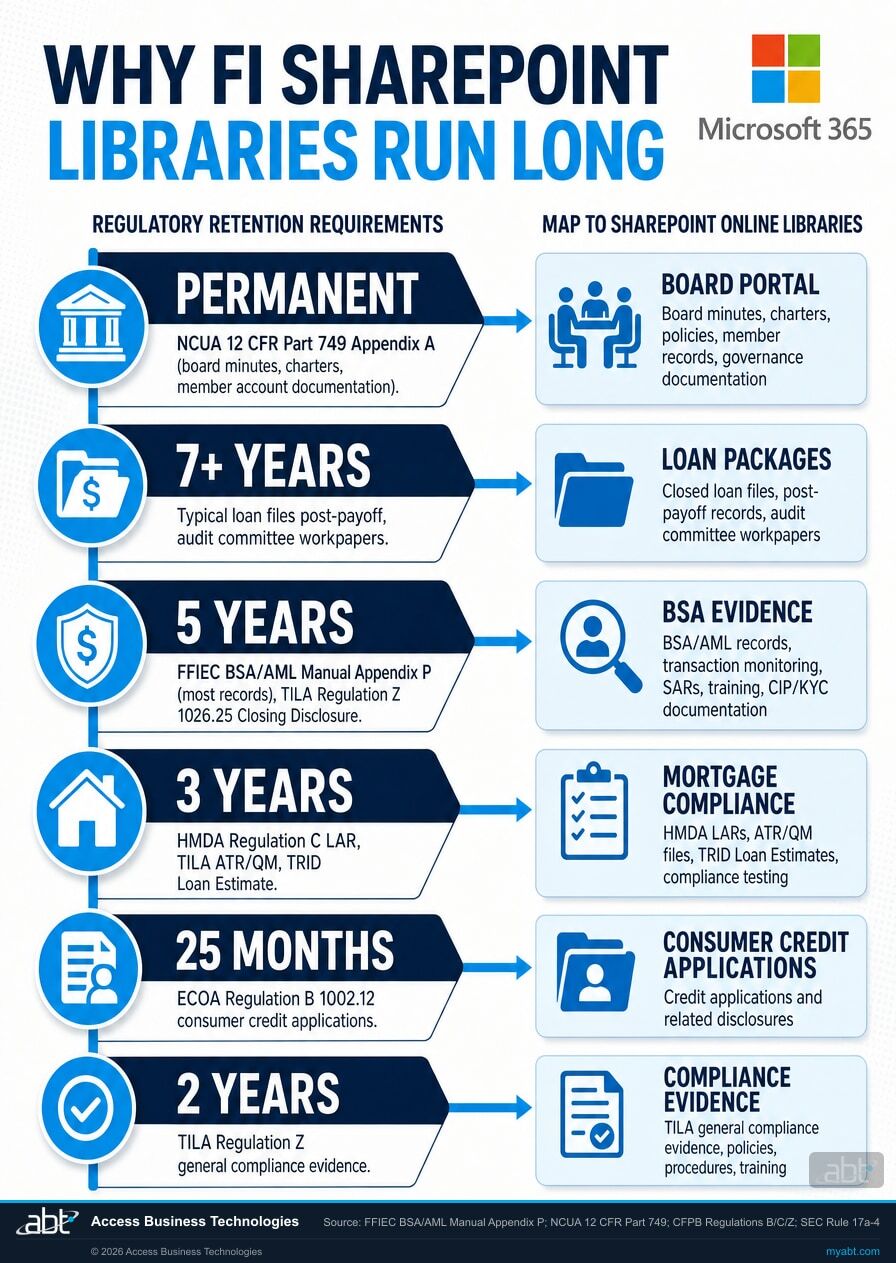 Financial institution document retention timeline driven by FFIEC BSA AML Appendix P 5 years, NCUA 12 CFR Part 749 Appendix A permanent and Appendix B 6 years, TILA Regulation Z 1026.25 Closing Disclosure 5 years, HMDA Regulation C 3 years, all mapped to Microsoft 365 SharePoint Online long tenured libraries with Microsoft branding