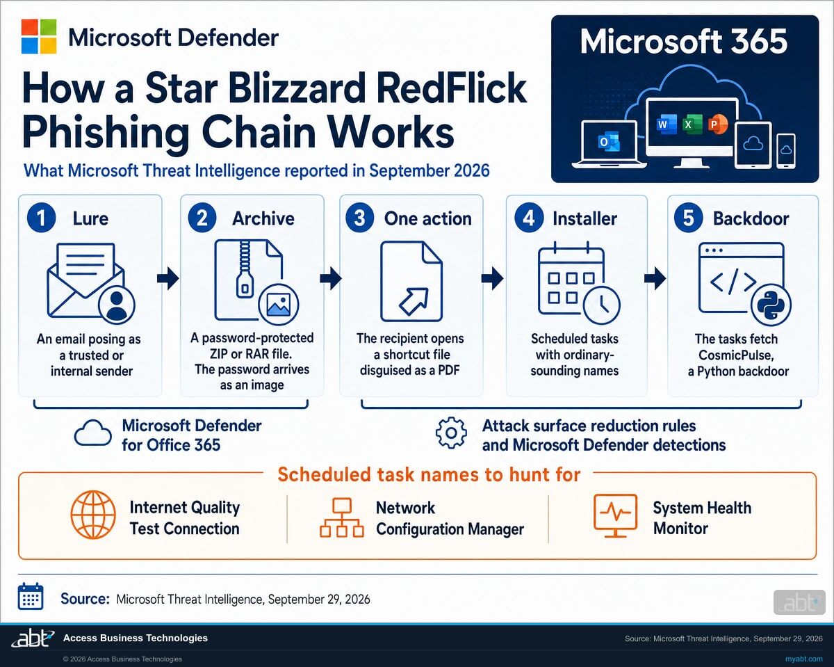 Microsoft Defender infographic: how a Star Blizzard RedFlick phishing chain works in five steps. An email posing as a trusted or internal sender, a password-protected ZIP or RAR file whose password arrives as an image, a shortcut file disguised as a PDF, scheduled tasks with ordinary-sounding names, and the CosmicPulse Python backdoor. Scheduled task names to hunt for: Internet Quality Test Connection, Network Configuration Manager, and System Health Monitor.