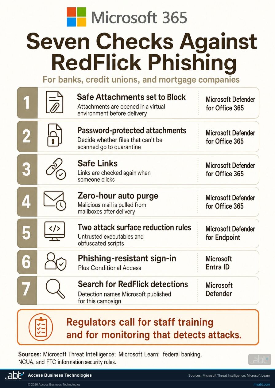 Microsoft 365 infographic: seven checks against RedFlick phishing for banks, credit unions, and mortgage companies. Safe Attachments set to Block, a decision on password-protected attachments, Safe Links, and zero-hour auto purge in Microsoft Defender for Office 365; two attack surface reduction rules in Microsoft Defender for Endpoint; phishing-resistant sign-in with Conditional Access in Microsoft Entra ID; and a search for the RedFlick detections in Microsoft Defender.