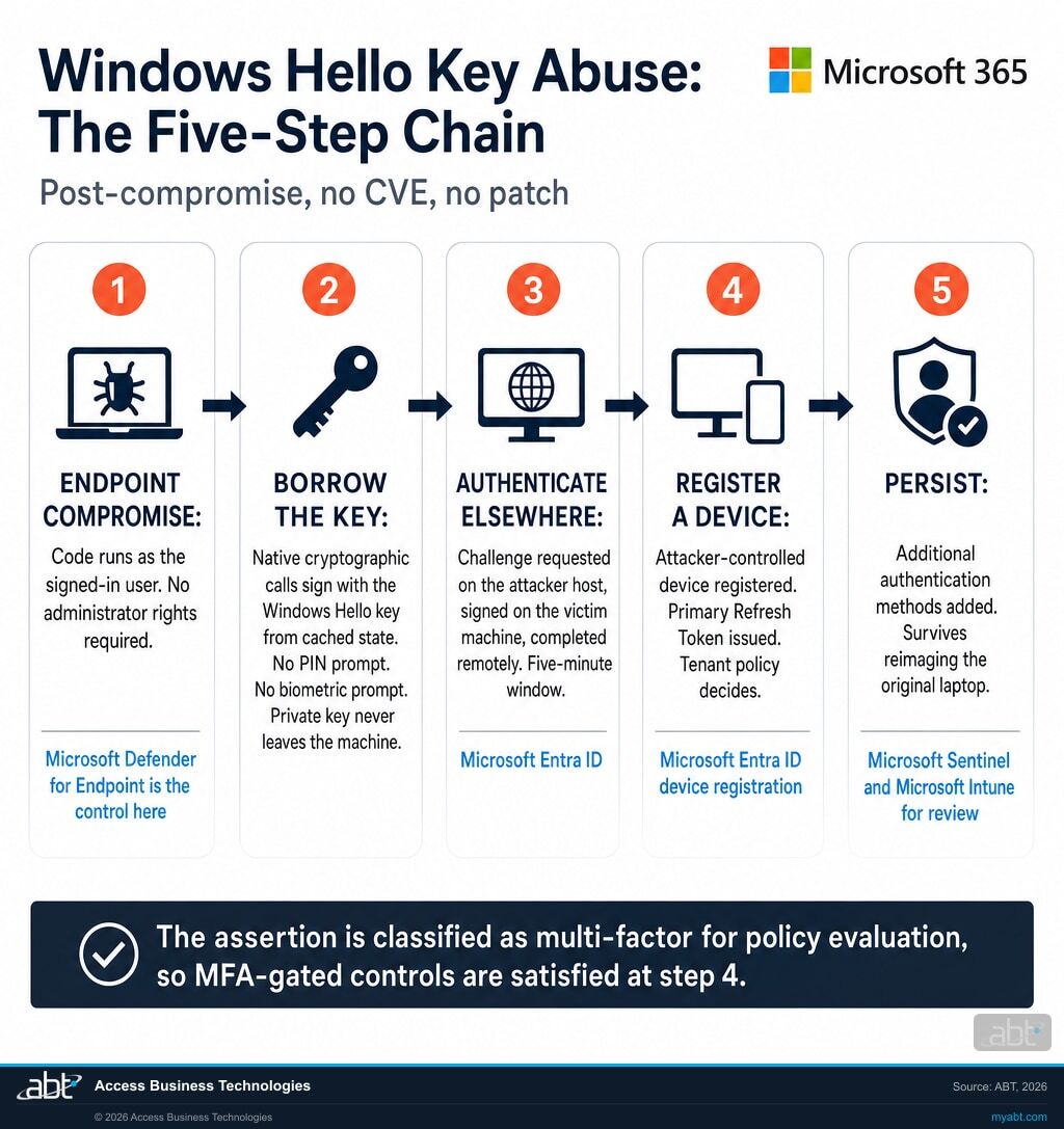 Five-step diagram of Windows Hello for Business key abuse: endpoint compromise, borrowing the key with no PIN or biometric prompt, authenticating from the attacker host inside a five-minute window, registering an attacker-controlled device in Microsoft Entra ID for a Primary Refresh Token, and persisting by adding authentication methods