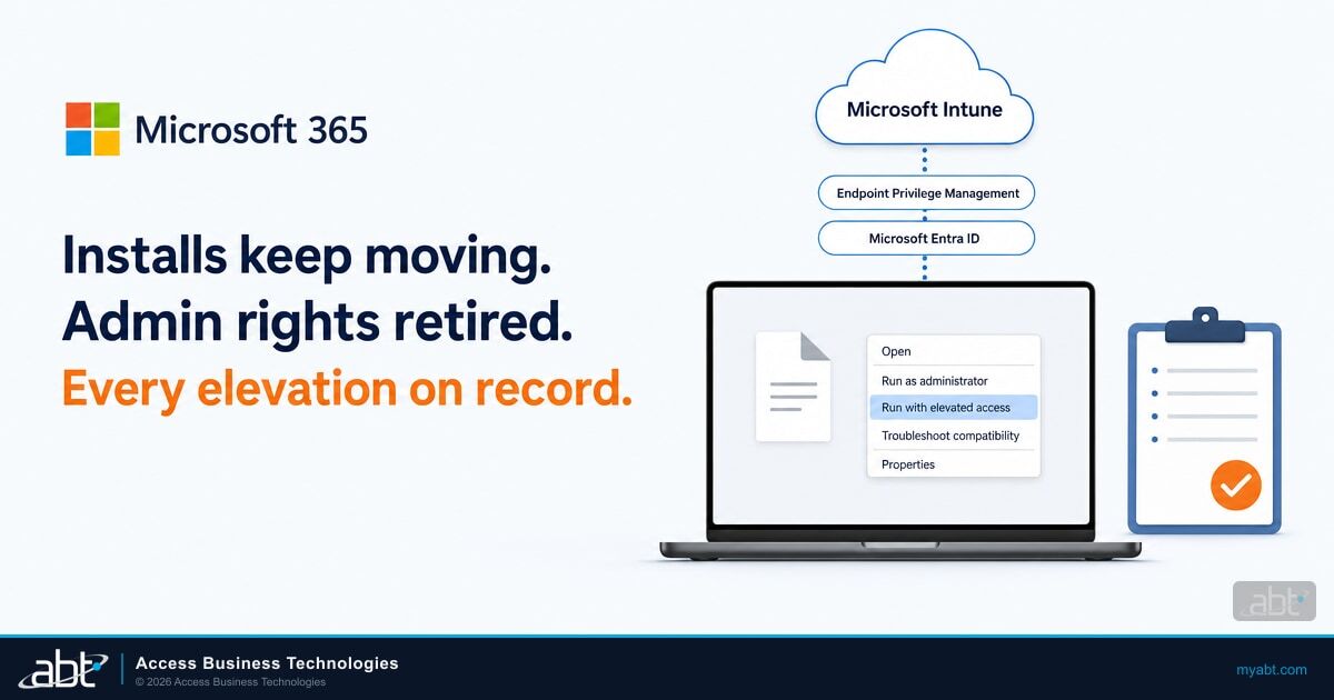 Microsoft 365 blog hero for Intune Endpoint Privilege Management at financial institutions: a laptop with the Run with elevated access menu item selected, linked to Microsoft Intune, Endpoint Privilege Management, and Microsoft Entra ID, beside a reviewed record clipboard