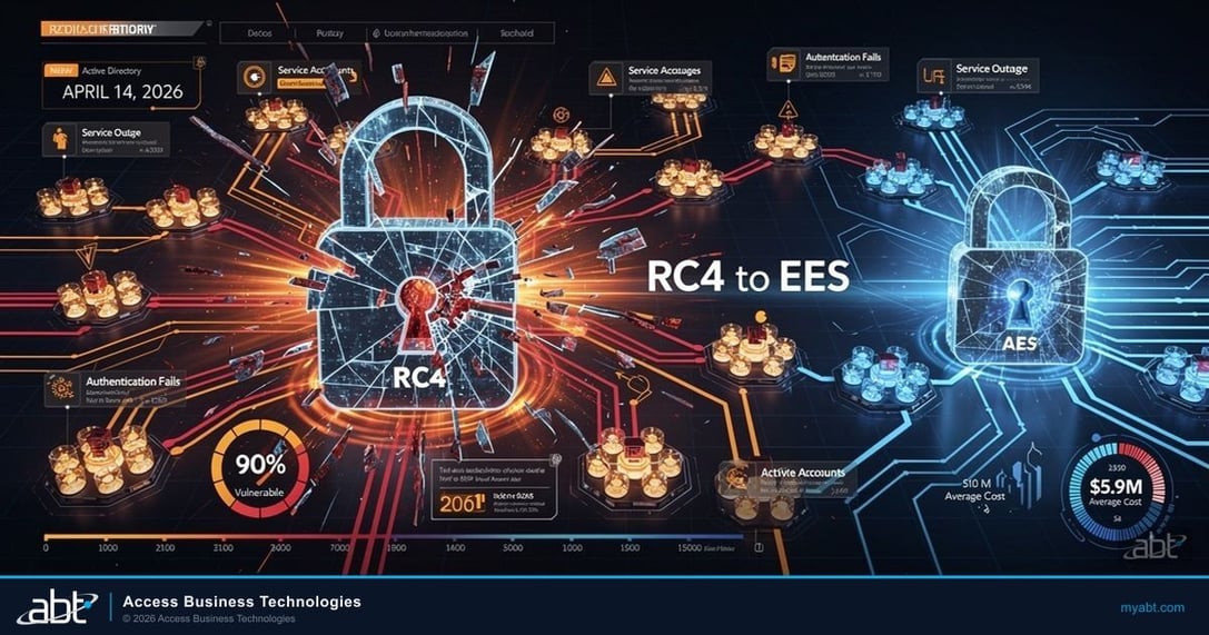 Kerberos RC4 to AES migration countdown showing April 14 2026 deadline with service account authentication and encryption security concept