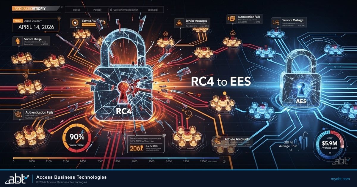 Kerberos RC4 to AES migration countdown showing April 14 2026 deadline with service account authentication and encryption security concept