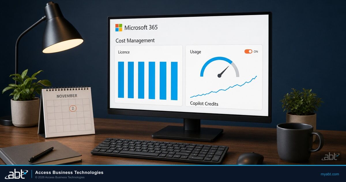 A credit union finance desk with a monitor showing the Microsoft 365 four square logo above a Copilot Cost management dashboard, a fixed per-seat licence line beside a usage meter reading in Copilot Credits, and a wall calendar with November 2 circled in orange
