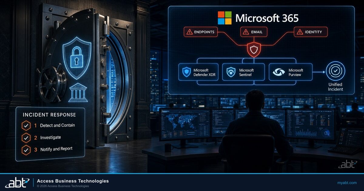 Microsoft 365 incident response for financial institutions: alerts from endpoints, email, and identity correlate in Microsoft Defender XDR into a unified incident, with Microsoft Sentinel and Microsoft Purview carrying the response.