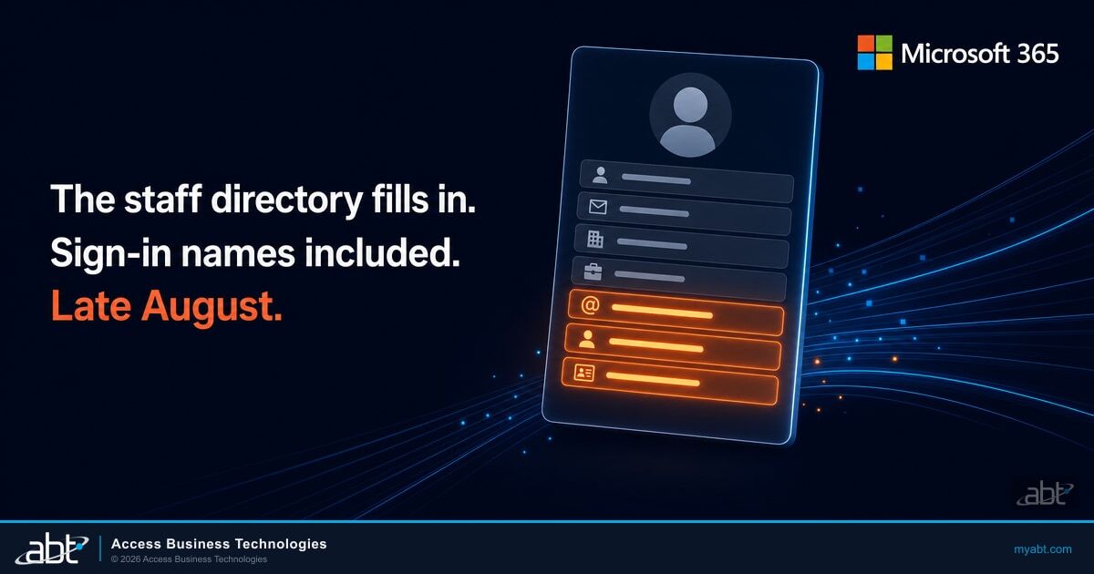 Microsoft 365 profile card with lower directory fields glowing orange, beside the headline The staff directory fills in, sign-in names included, late August