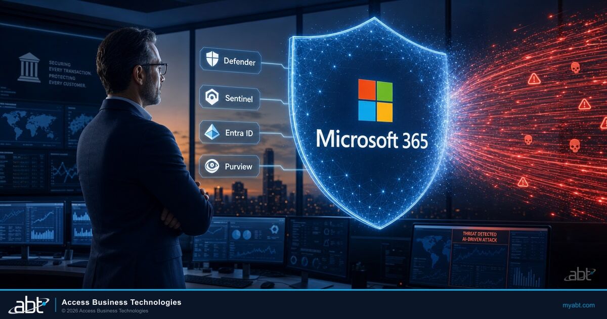 Microsoft 365 security shield deflecting AI-driven cyberattacks, with Defender, Sentinel, Entra ID and Purview