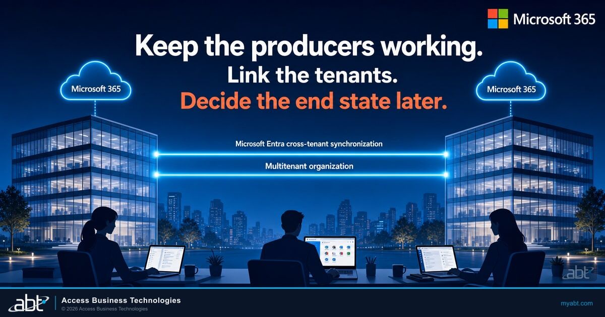 Two office buildings linked by Microsoft Entra cross-tenant synchronization and a multitenant organization, with the headline Keep the producers working, Link the tenants, Decide the end state later, and the Microsoft 365 logo