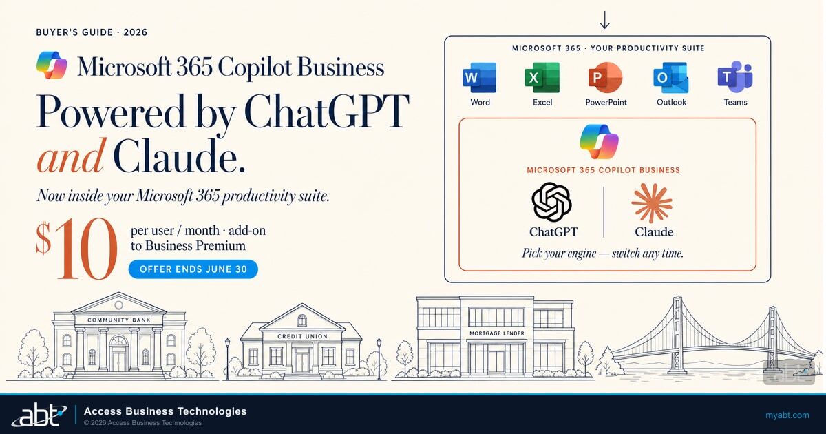 Microsoft 365 Copilot Business buyer's guide for community banks, credit unions, and mortgage lenders. Powered by ChatGPT and Claude inside the Microsoft 365 productivity suite. $10 per user per month add-on to Business Premium. Offer ends June 30.