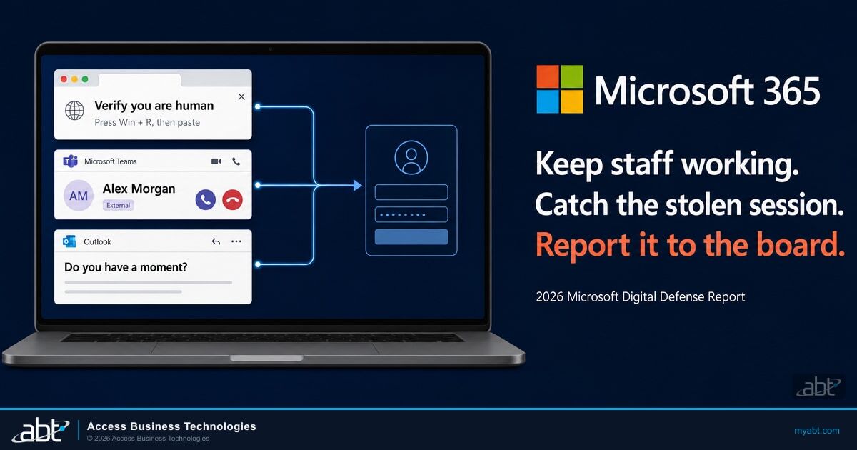 Laptop showing three attack routes from the 2026 Microsoft Digital Defense Report: a Verify you are human prompt telling the user to press Win + R and paste, a Microsoft Teams call from an external caller, and an Outlook email asking Do you have a moment, beside the Microsoft 365 logo and the headline Keep staff working, Catch the stolen session, Report it to the board.