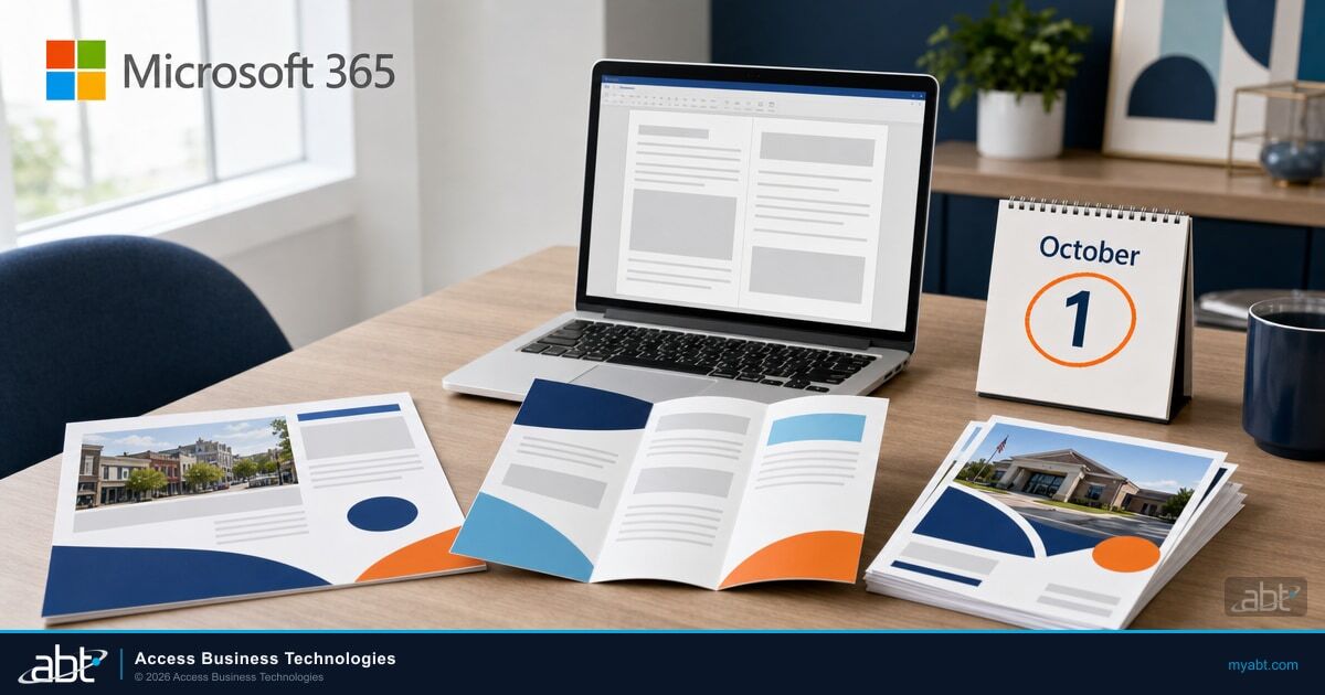 A community bank marketing desk with a printed newsletter, a tri-fold brochure and branch flyers beside a laptop, a Microsoft 365 logo, and a desk calendar marking October 1, the date Microsoft Publisher leaves Microsoft 365 subscriptions