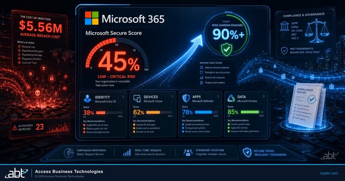Microsoft Secure Score concept for financial institutions with Microsoft 365 branding