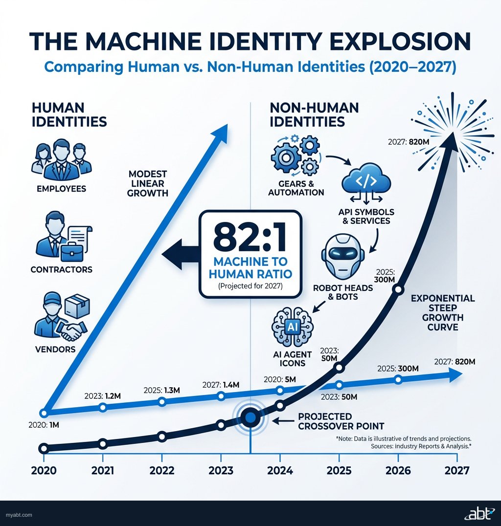 Infographic comparing human identity growth versus machine identity exponential growth, showing the 82-to-1 ratio