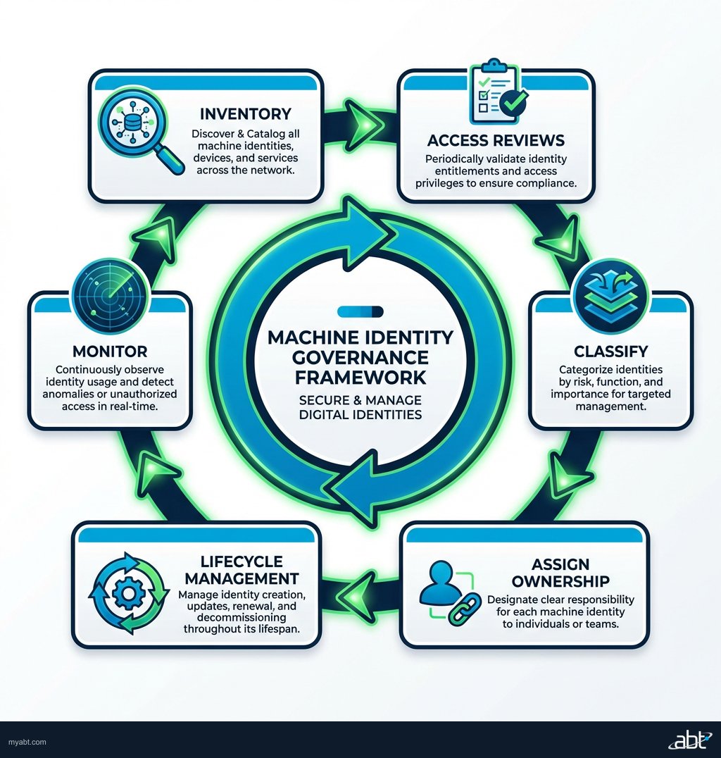 Six-step machine identity governance framework: Inventory, Classify, Assign Ownership, Lifecycle Management, Monitor, Access Reviews