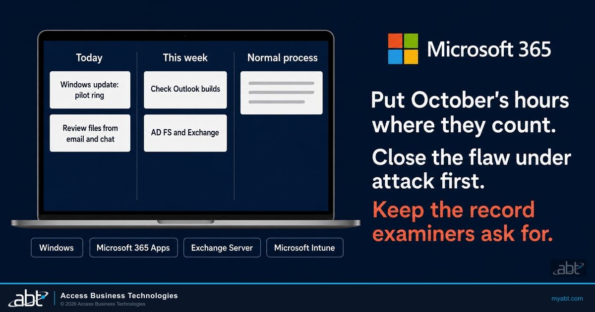 Microsoft 365 hero image for October 2026 Patch Tuesday: a laptop planning board with Today, This week, and Normal process columns, cards for the Windows update pilot ring, reviewing files from email and chat, checking Outlook builds, and AD FS and Exchange, beside the Microsoft logo