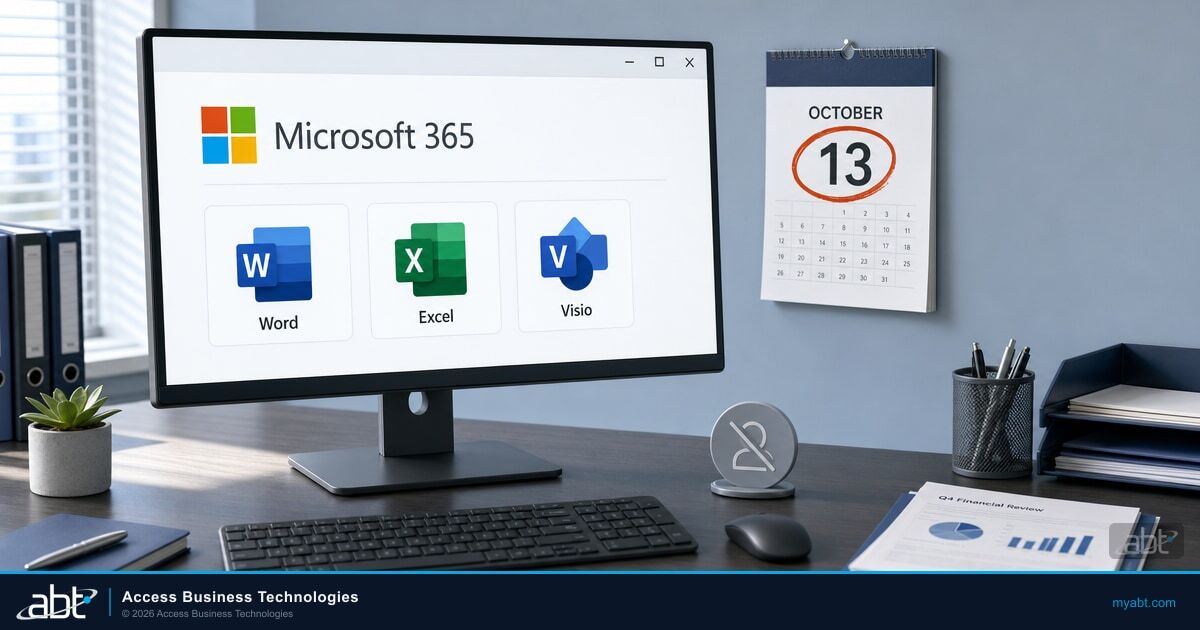 A bank back office desk with a monitor showing the Microsoft 365 four square logo beside Word, Excel and Visio app tiles, a wall calendar with October 13 circled in orange, and a dimmed assistant icon on the desk marked unavailable