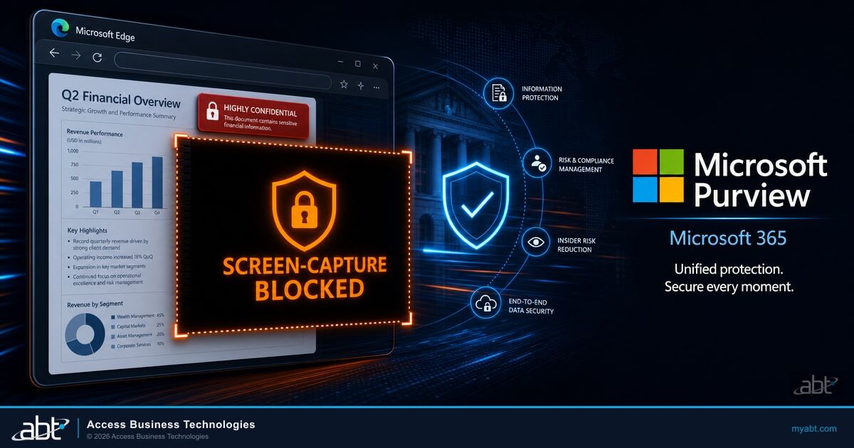 Microsoft Purview screen-capture protection blocking a screenshot of a confidential financial document in Microsoft Edge, with Microsoft 365 and Microsoft Purview branding