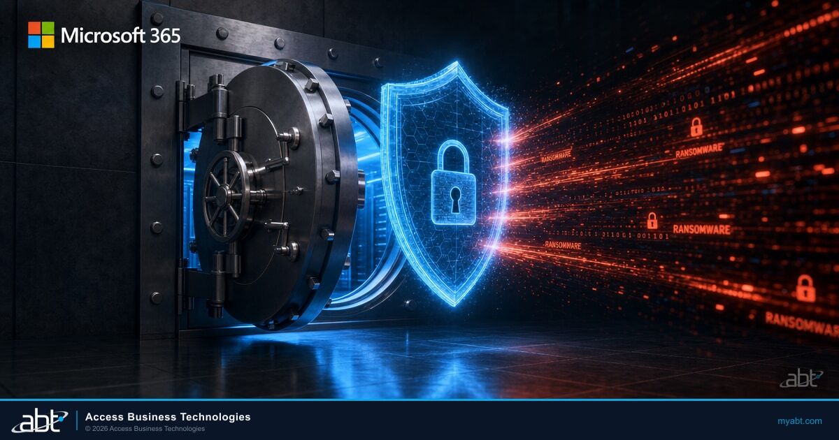 Bank vault protected by a Microsoft 365 security shield deflecting ransomware