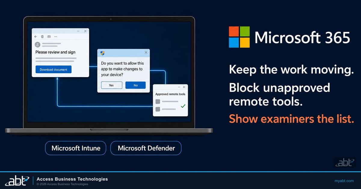Microsoft 365 illustration: a laptop shows a Please review and sign email, a Windows prompt asking to allow an app to make changes, and an Approved remote tools list, with Microsoft Intune and Microsoft Defender labels