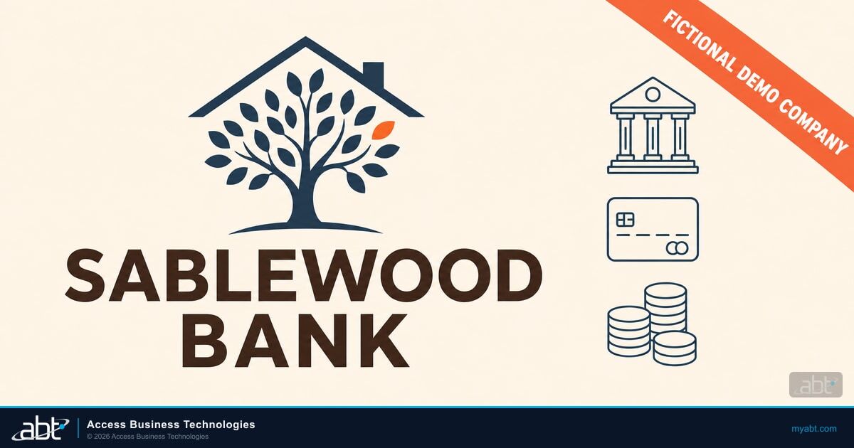 Sablewood Bank wordmark under the tree-and-roof emblem with a diagonal ribbon reading Fictional Demo Company