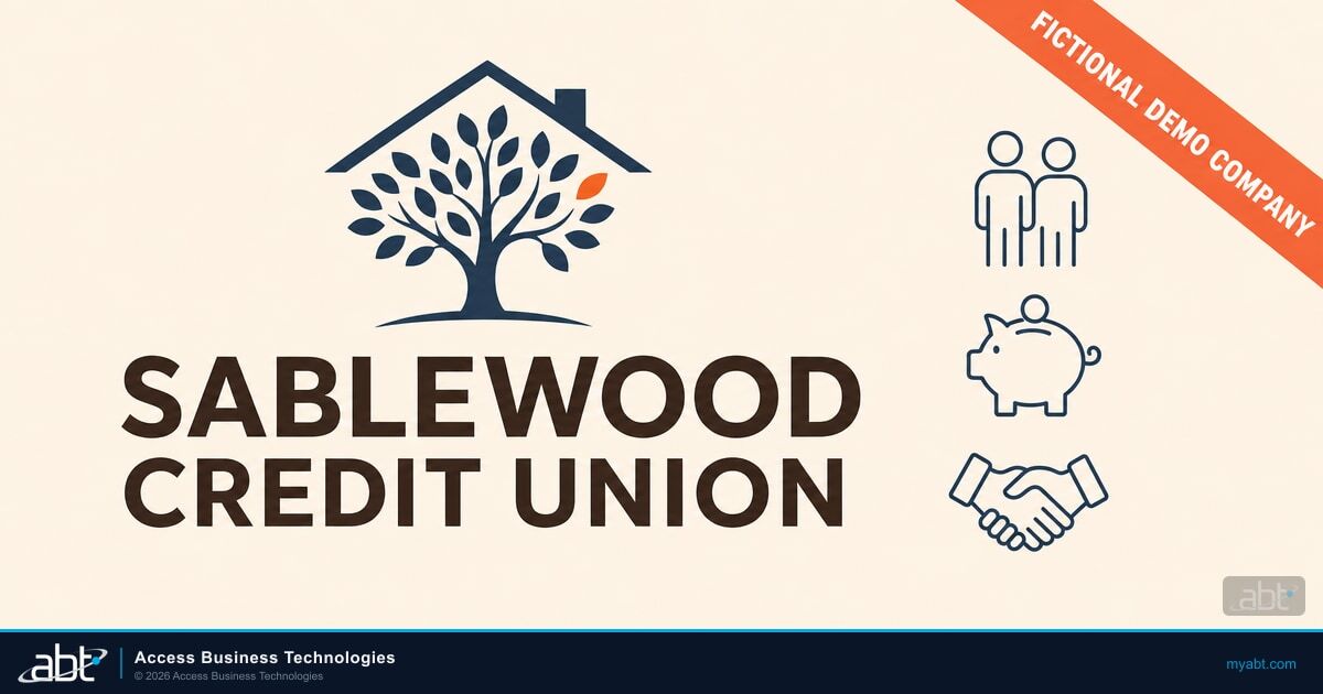 Sablewood Credit Union wordmark under the tree-and-roof emblem with a diagonal ribbon reading Fictional Demo Company