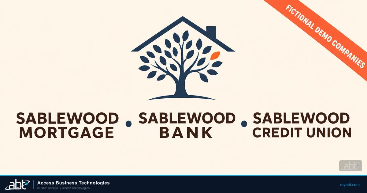The Sablewood tree-and-roof emblem above three wordmarks, Sablewood Mortgage, Sablewood Bank and Sablewood Credit Union, with a diagonal ribbon reading Fictional Demo Companies