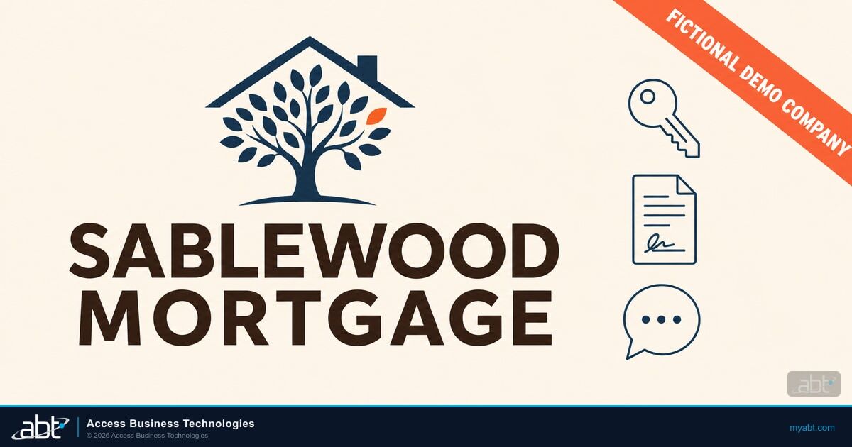Sablewood Mortgage wordmark under the tree-and-roof emblem with a diagonal ribbon reading Fictional Demo Company