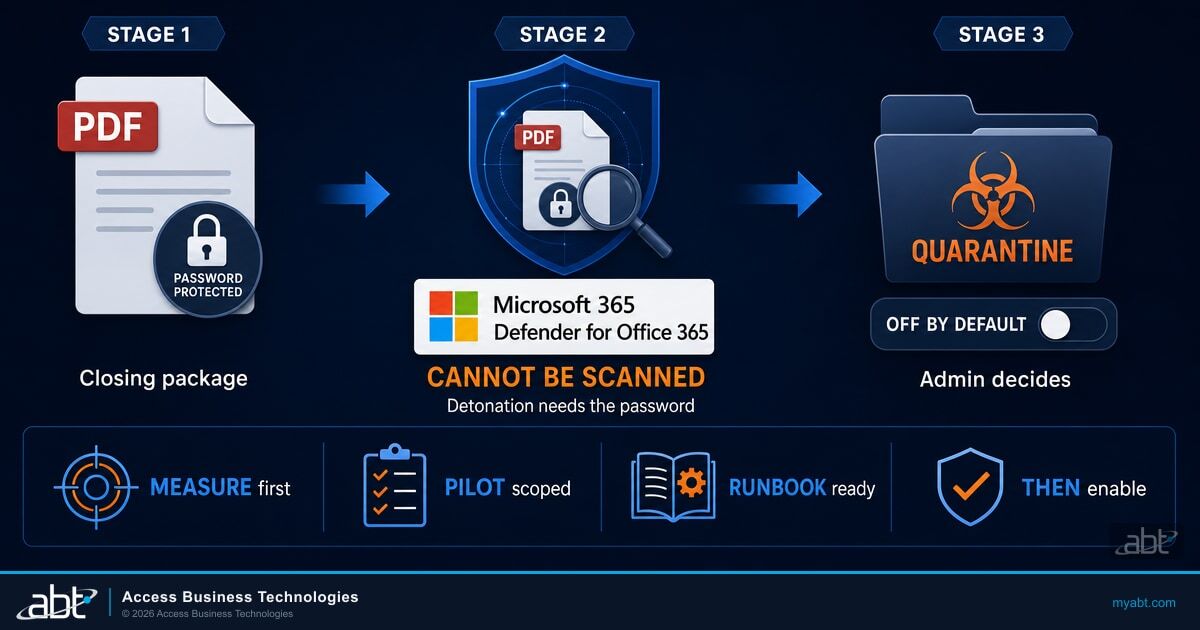 Three-stage diagram showing a password-protected closing package that Microsoft Defender for Office 365 cannot scan, moving to a quarantine folder with an off-by-default admin toggle