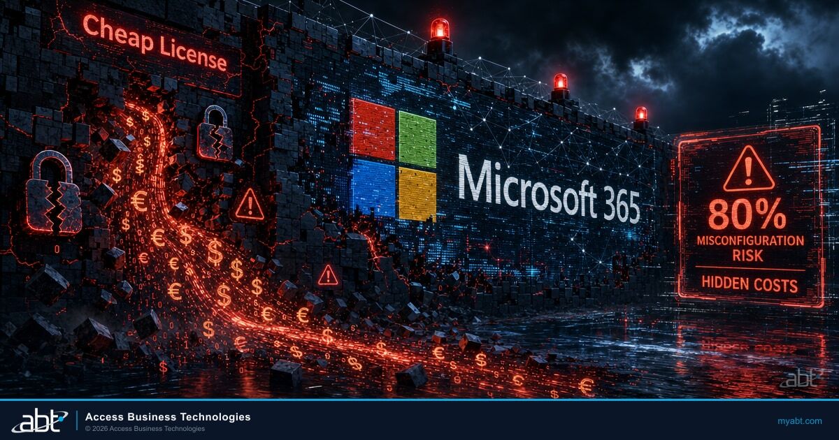 Split-screen comparison: chaotic IT helpdesk with red outage alerts and frazzled staff on the left (cheap reseller) versus a calm executive dashboard with Guardian Security Insights on the right (ABT Tier-1 CSP licensing).
