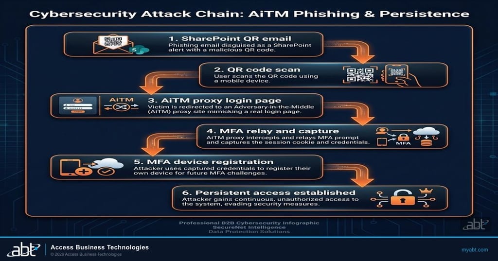VENOM PhaaS 6-step attack chain: QR delivery to silent MFA device registration establishing persistent access on executive Microsoft 365 accounts