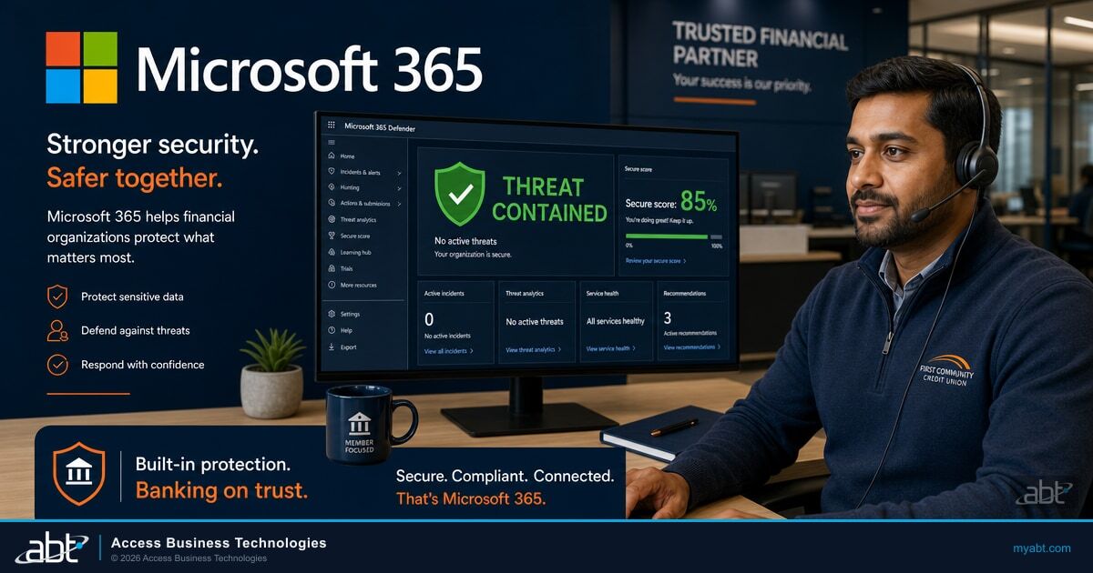 A security professional calmly responding to a Microsoft 365 alert in a financial institution, with a Microsoft 365 Defender dashboard showing a contained threat