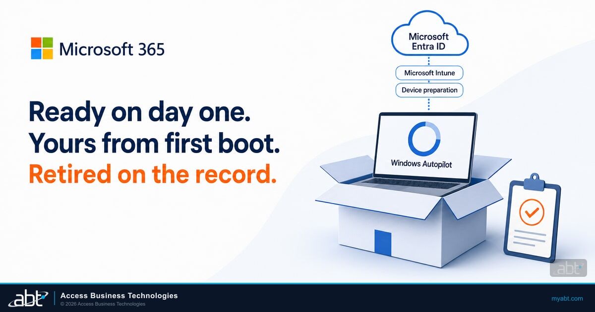 Microsoft 365 blog hero for Windows Autopilot at financial institutions: a laptop rising from a shipping box with Windows Autopilot setup on screen, linked to Microsoft Entra ID, Microsoft Intune, and device preparation, beside an asset record clipboard