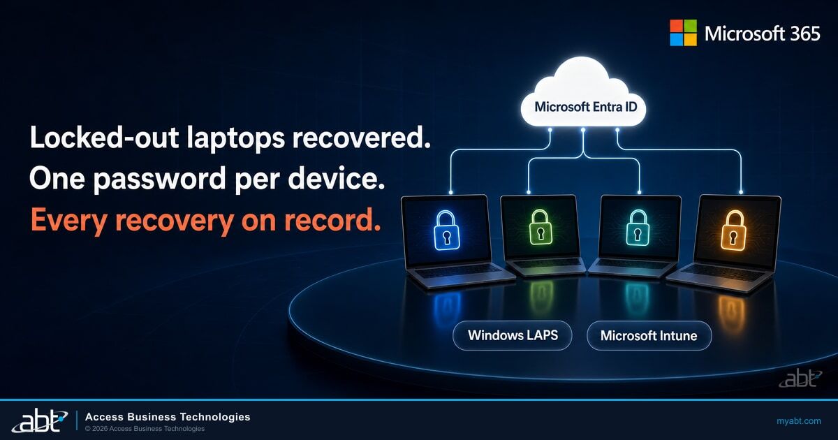 Microsoft 365 hero image: four laptops, each with its own padlock, backing up to Microsoft Entra ID, labeled Windows LAPS and Microsoft Intune