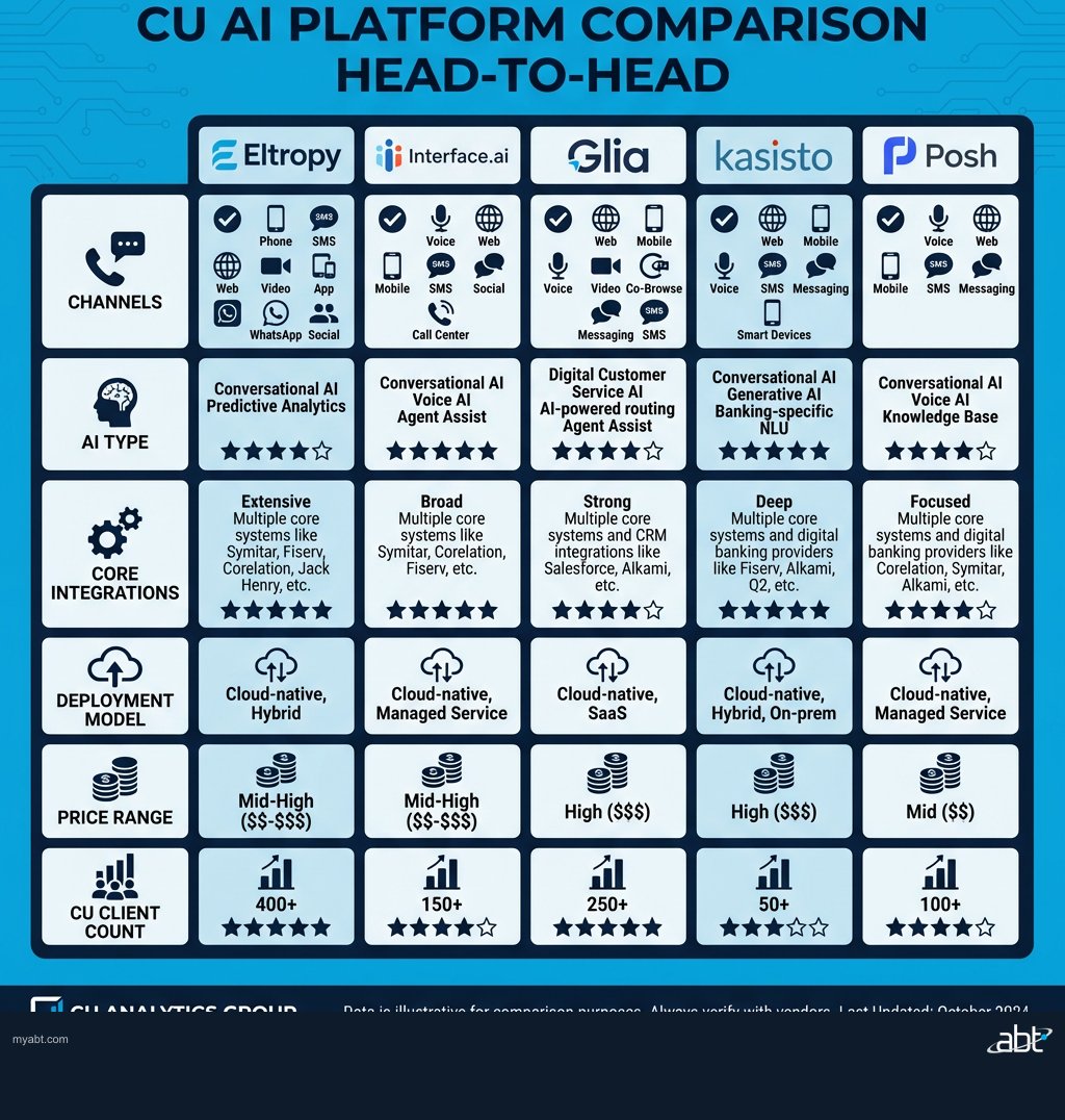 Comparison of credit union AI platforms including Eltropy Interface.ai Glia Kasisto and Posh across key evaluation criteria