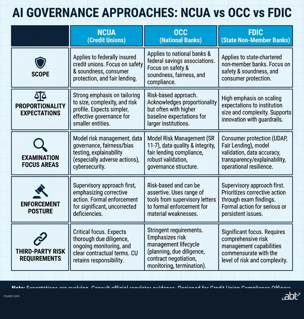 Comparison of NCUA OCC and FDIC approaches to AI governance for financial institutions