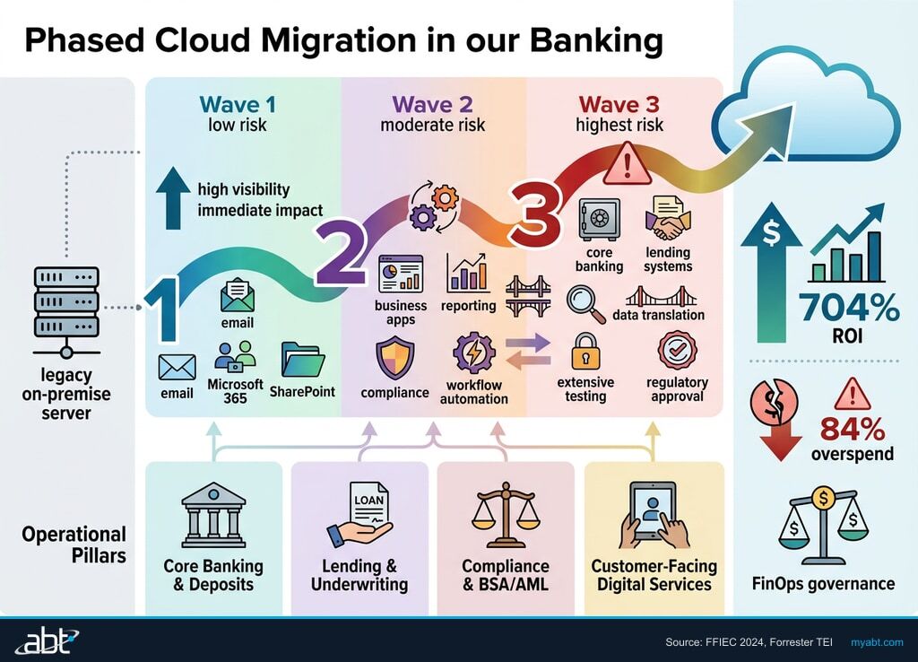 Three-phase cloud migration for banking: email and collaboration first, then business apps, then core banking systems