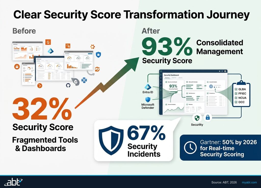 Security score transformation from 32% with fragmented tools to 93% after Guardian orchestration implementation