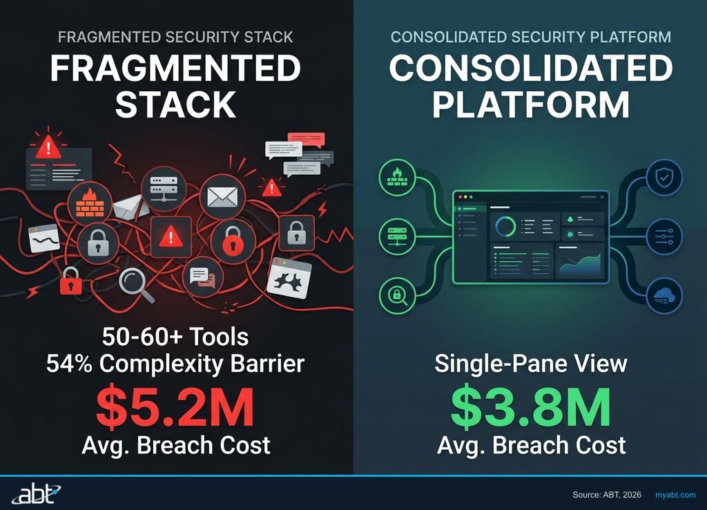 Security tool sprawl comparison: fragmented tools with 50+ platforms versus consolidated single-pane orchestration