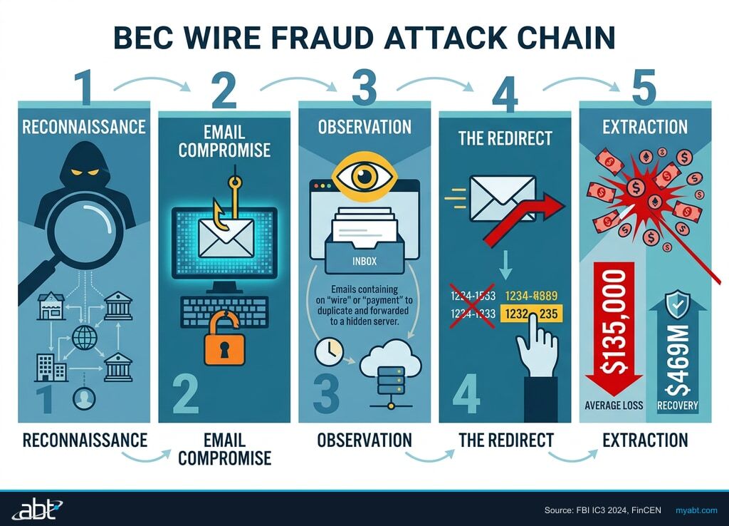 Five-step anatomy of a BEC wire fraud attack: reconnaissance, email compromise, observation, redirect, and extraction