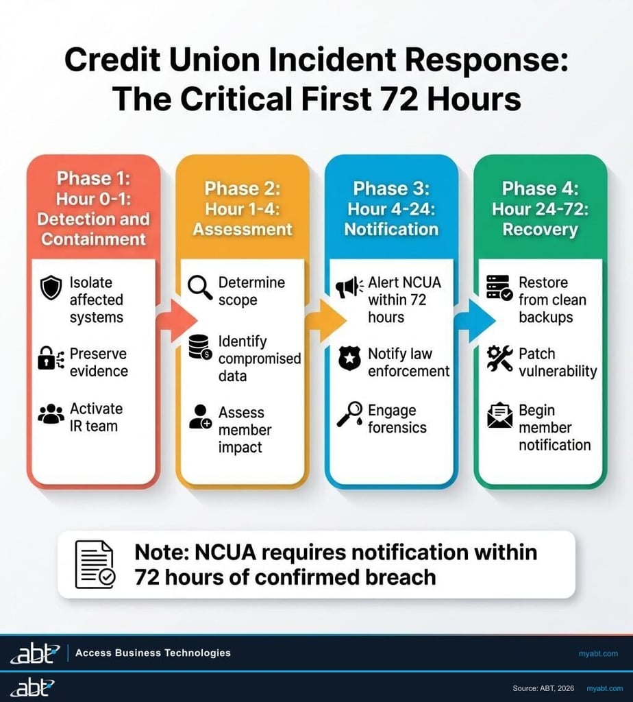 Timeline infographic showing the critical first 72 hours of credit union incident response from detection through recovery