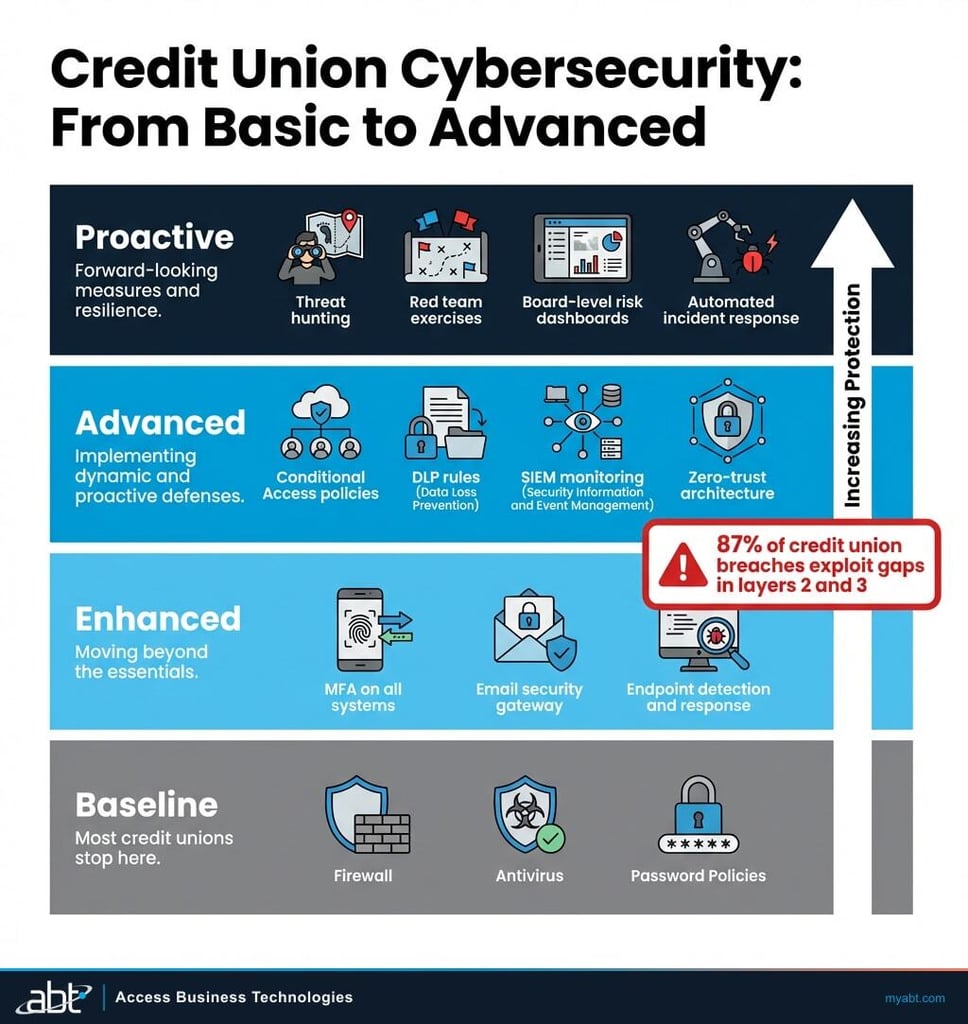 Infographic showing four layers of credit union cybersecurity maturity from baseline controls through proactive threat hunting
